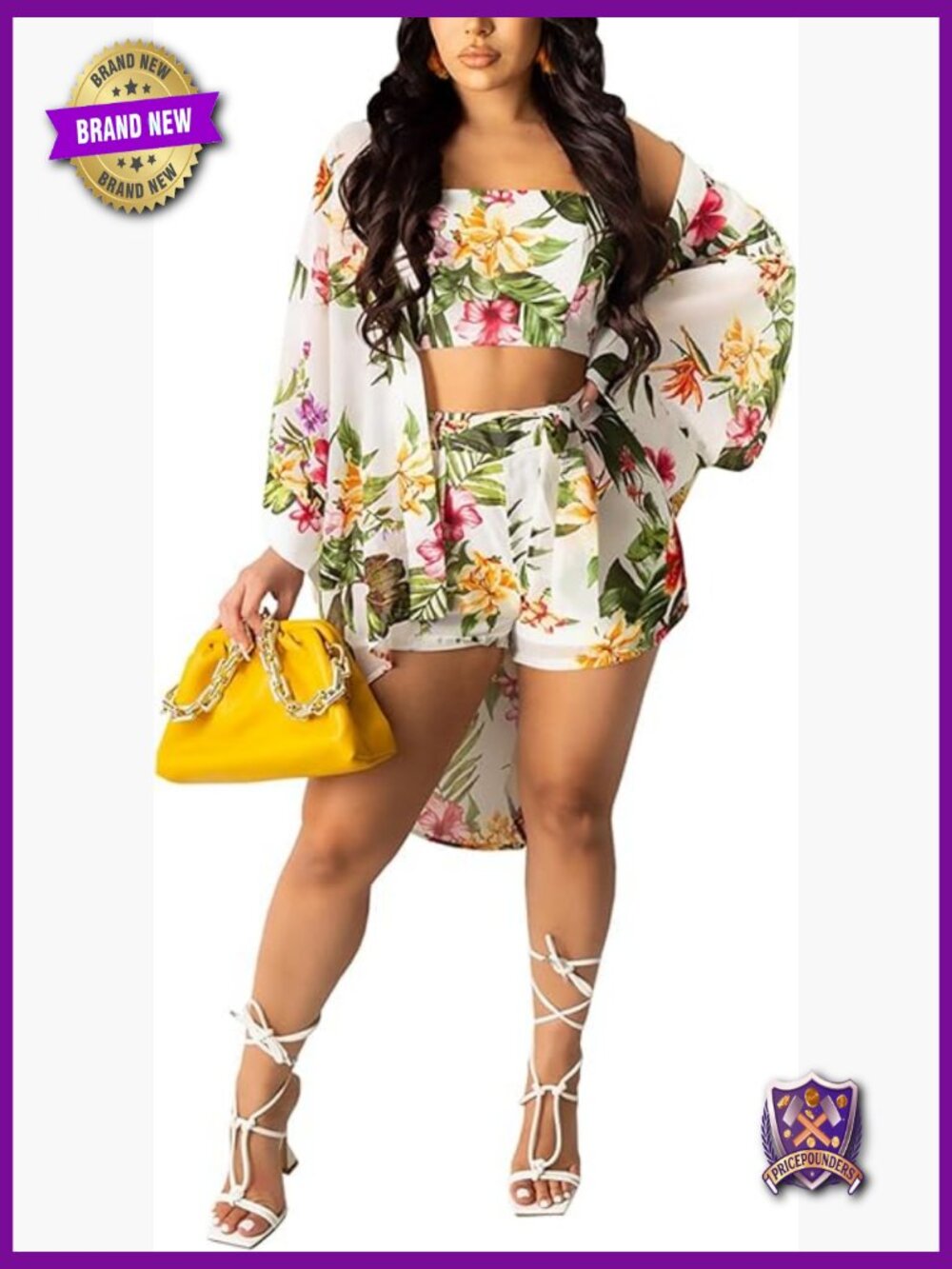 3 Piece Vocation Outfits Summer Suit Floral Kimono Cardigan Crop Cami Top Short